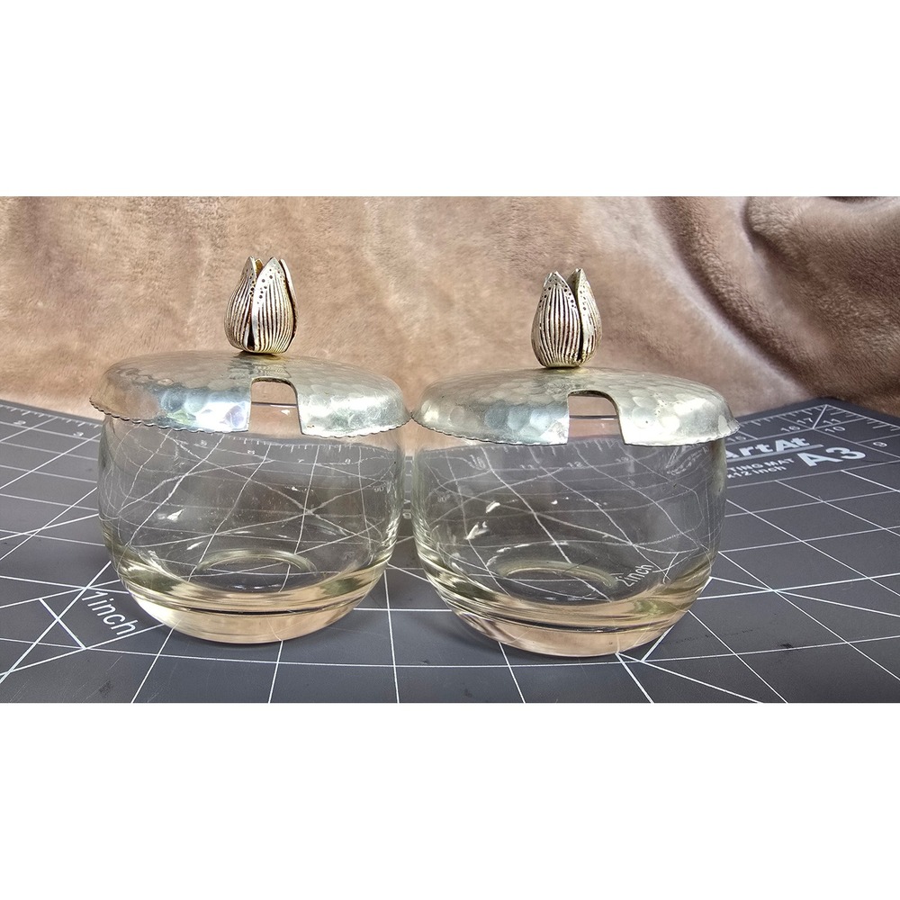 Vintage Glass Condiment Jars Hammered Metal Lids Tulip Finials Set of 2